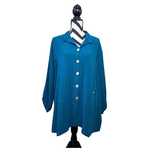 John Mark Teal Asymmetrical Sz XL Roll Sleeves Button Down Tunic Top - Picture 1 of 12